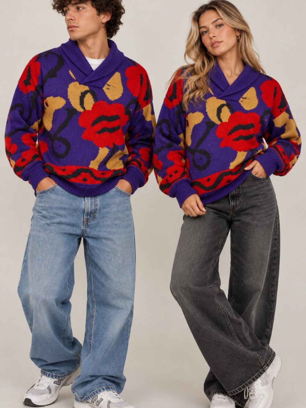 Vintage Obermeyer Ski Sweater Wool Blend Abstract Floral Purple Red Korea